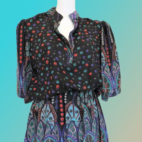 Multi Color Tunic Black Tunic Blouse with Colorful Print - Picture 1 of 11